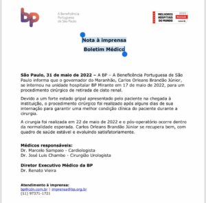 Boletim médico aponta que Carlos Brandão se recupera bem de cirurgia; quadro de saúde do governador é estável